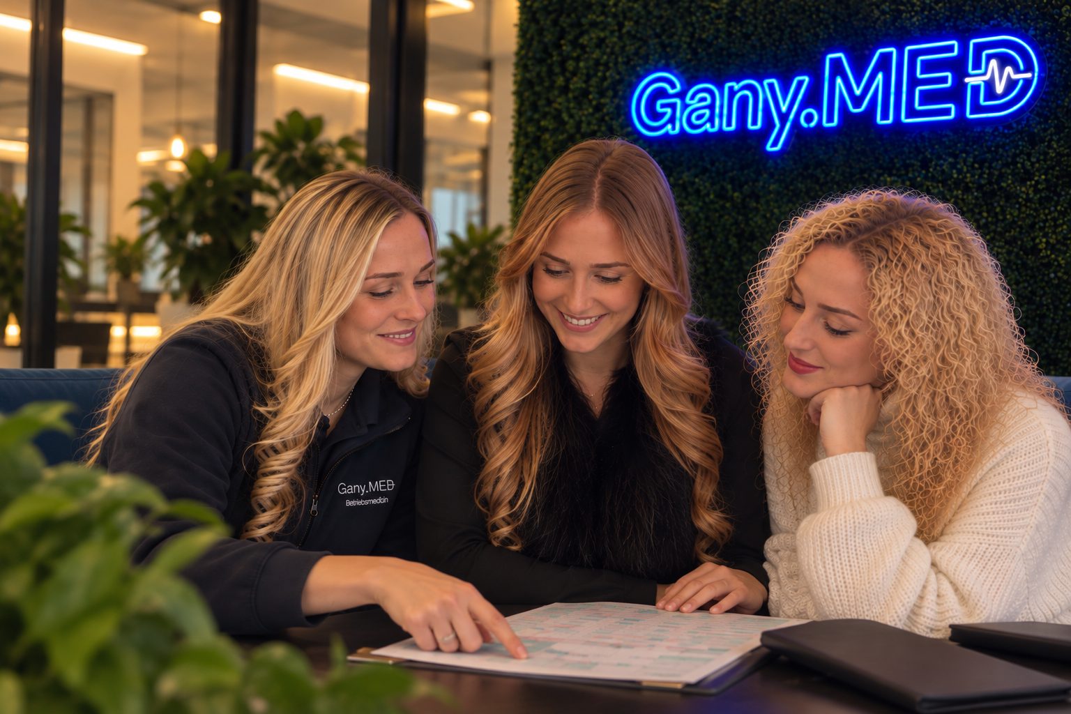 Larissa Karl, Leonie Frank und Valerie Karl schauen gemeinsam auf einen Plan